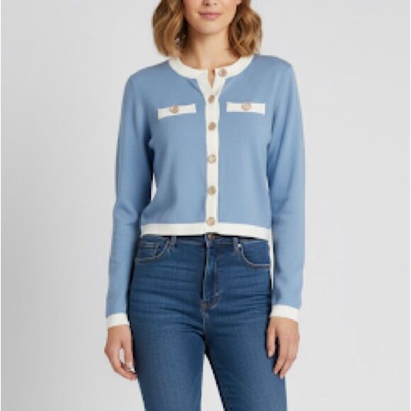 Emerson Lang Blue and Cream Button Front Cardigan Sweater S - Picture 1 of 7